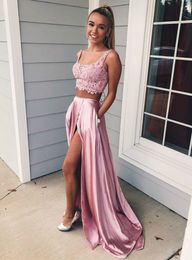 Sexy Split Front Prom Dresses Two Pieces Back Lace-up Plus Size Special Occasion Dress With Pockets Spaghetti Straps Girls Homecoming Dress