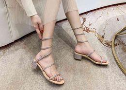 Serpentine winding sandals one line with Rhinestone fairy style thick heel open toe fashion round foot Roman shoes