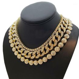 Chains Karopel Gold Color Hip Hop Iced Cuban Flower Chain And 1 Row Tennis Choker Necklace Party Gift Jewelry 1Set/3pcs1