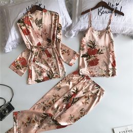 9Color Women Pyjamas Sets with Pants 3Pcs Satin Silk Print Floral Pink Night Home Wear Pyjama Sleep Women's Clothing Y200708