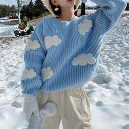 Women's Cosy Clouds Sweater Cute Cartoon Long Sleeve Crew Neck Pullover Jumper Fall Winter Knit Tops / 201128