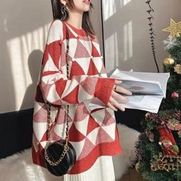 Women Winter Red and White Pullover and Sweaters Oneck Geometric Knit Jumpers Long SLeeve Patchwork Oversized Knit Tops