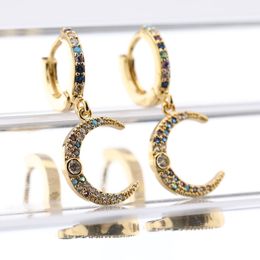 Young Ladies Gift Gold Plated Brass Hoop Earrings Micro Pave Multi Colour Zircon Moon Charm Earring