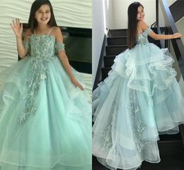 Pageant Little Sage Princess Ball Vestidos 2021 Lace Appliqued Cansado Flower Girls Vestidos Sweep Train Primeira Comunhão Vestido AL7188