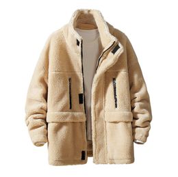 Fashion- Hairy Cute Men's Autumn Winter Casual Letter Printing Lamb Woolen Cotton-padded Jacket Coat Solid Color Soft Comfortable