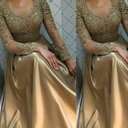 Arabic Gold Evening Dresses Wear Jewel Neck Illusion Lace Appliques Crystal Beads Custom Sexy Prom Long Sleeves Robe De Marrige Sweep Train Gowns 403