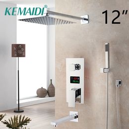 KEMAIDI LED Shower Head Digital Display Mixer Taps Chrome Brass Bathroom Shower Faucet 3-Functions Digital Shower Faucets Set LJ201211