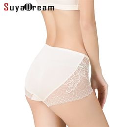 SuyaDream Women Lace Panties 100%Real Silk Comfortable Healthy Everyday wear Pink White Mid-Waist Briefs 201112