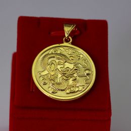 Dragon Patterned Coin Pendant 18k Yellow Gold Filled Cool Pendant Chain Necklace