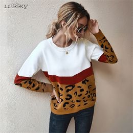 Sweater Women Leopard Patchwork Autumn Winter Ladies Long Sleeve Jumper Pullover Sweaters Top Brown Fashion Womens Clothing 201128