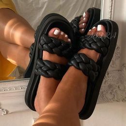 Double Braid Strap Women Slippers Black Flats Slides Shoes X1020