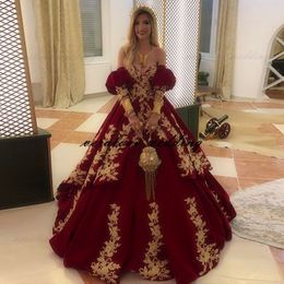 Traditional Kosovo Albanian Caftan Velvet Ball Gown Evening Dresses Off Shoulder Gold Applique Quinceanera Prom Dress Vestido De Novia