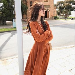 Autumn dress women new Korean temperament high waist gentle wind pleated long-sleeved knitted spring and autumn sweater dress LJ201112