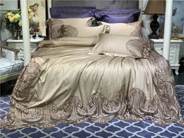 Solid Gold Blue Silky Egyptian Cotton Duvet Cover Set Full Queen King size 4Pcs Bedding Set with Wide Lace Luxury Wedding Gift T200706