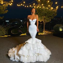 sweetheart satin mermaid wedding dresses plus size sweep train tiered fuffles bridal gowns luxurious dubai wedding dress