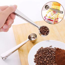 Stainless Steel Coffee Scoop Multifunction Spoon Sugar Scoop Clip Bag Seal Measuring Clamp Spoons Portable Food Kitchen Tool Supplies LX3812