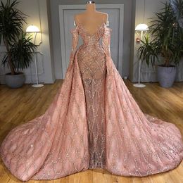 2021 Spaghetti Long Sleeve Evening Dresses With Pearls Illusion Overskirt Sexy Prom Gowns Customise Robe De Soiree