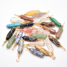 Handmade Iron Wire Natural Stone Mixed Charms Hexagonal Healing Reiki Point Pendants for Jewelry Making