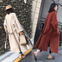 Autumn Woolen Coat Women's Middle And Long Style Over Knee Hepburn Gentle Double Face Woolen Coat Lace Up OverCoats 210522