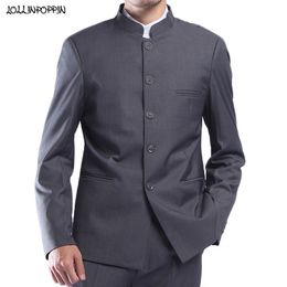 Men Grey Tunic Suit Jacket Mandarin Stand Collar Single Breasted Traditional Chinese Style Grey Coat Male Outerwear LJ201006