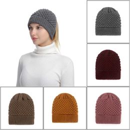 Soft Knit Beanie Winter Hats For Women Woollen Cap Stretch Crochet Messy Bun Holey Hat Casual Skullies Beanies Girl Caps