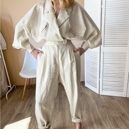 Women Spring Two Piece Pants Temperament Long Sleeve Shirt Loose Jacket Solid Color Fashion Casual Cotton Linen Suit Trousers Twinset