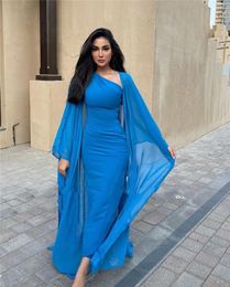 Simple Sky Blue Chiffon Evening Dresses With Jacket Long Sleeves One Shoulder Ankle Length Formal Occasion Prom Gowns Modest