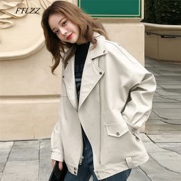 FTLZZ Women Autumn Faux Soft Leather Jacket Loose Pu Motorcycle Black Punk Zipper Coat Streetwear Turndown Collar Outerwear LJ201012