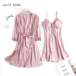 JULY'S SONG Women Sexy Lace Silk Robe & Gown Set Pajamas Set Sleep Dress Bathrobe 2 Piece Robe Bridesmaid Wedding Sleepwear 210203