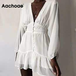 Aachoae Women Sexy Deep V Neck White Lace Ruffle Dress Summer Chiffon Mini Party Dress Ladies Long Sleeve Holiday Beach Dresses LJ200818