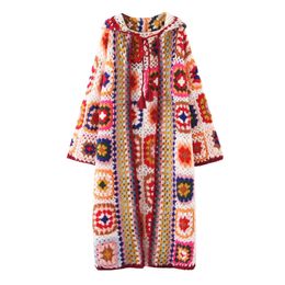 Free Shipping Vintage Knitting Long Mid-calf Coat Women Hand Made Chinese Style Outerwear Long Sleeve Patchwork Hooded Dresses 201030
