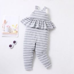 Jumpsuits Baby Girl Romper Summer Cotton Casual Home Striped Ruffles Sleeveless Strap Kids Playsuits Clothes 1-6Y
