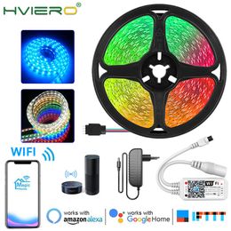 Fita de LED com luzes LED 2835 5050 RGB 5m Tiras de epóxi seguras WIFI Voice Bluthtooth Controlador de aplicativo de telefone inteligente Conjunto de lâmpadas decorativas 12V