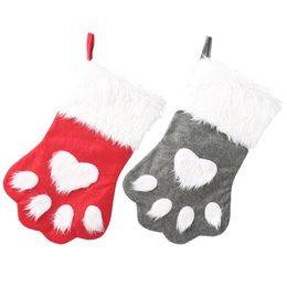 Christmas Stocking Dog Claw Socks New Year Candy Gift Bag Xmas Tree Fireplace Hanging Decoration Red Grey JK2011PH