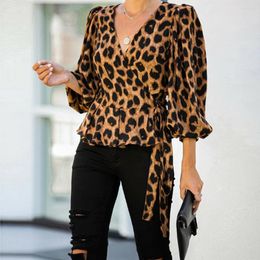 Blusas de las mujeres 40 # Blusa de gasa de manga larga Sexy Leopard Lámina en V Cuello de la Lady Office Túnica Túnica Casual Tops Floor Tallas Blusas