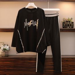 Women's black sportswear plus size sportswear O-neck sweatshirt + pants two piece top and pants big clothes matching suit sets 201119