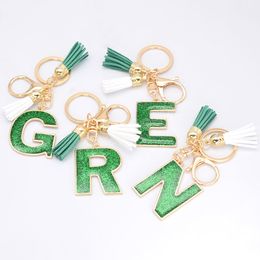 Creative Green Shiny English Letter Crystal Plastic Keychain Women Key Ring Car Bag Tassels Pendent Charm Gift Accessory