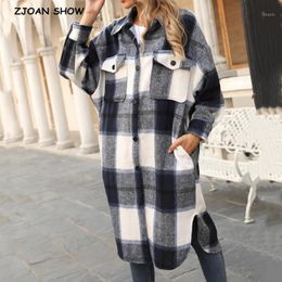 2020 Winter Gingham Check Plaid Warm Oversize Style Women Side Slit Long Coat Lapel Woolen Jacket Causal Outerwear1