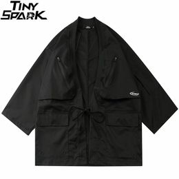 Japanese Kimono Jacket Zipper Pockets Hip Hop Men Black Jacket Streetwear Harajuku Japan Style Cardigan Jacket Kimono 201123