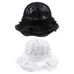 Women Summer Hollow Out Floral Lace Bucket Hat Layered Ruffles Patchwork Short Brimmed Elegant Fisherman Cap Streetwear