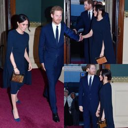 Meghan Markle mother of the bride dress with cape Navy Blue Jewel Neck tea-length Outfit red carpet celebrity evening gowns