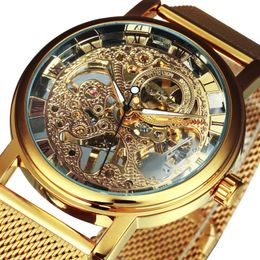WINNER Official Automatic Watches Ultra Thin Golden Mesh Strap Top Brand Luxury Classic Skeleton Mechanical Unisex Wristwatch 201123