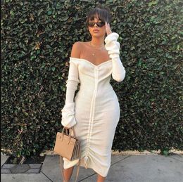 Women Sexy Slash Neck Knitted Midi Dress Flare Sleeve Pleated Bandage Women Trendy Night Club Party Dress Solid Color Streetwear