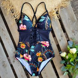 2020 New Abdomen Control Wasit Push Up Swimsuit Print Swimwear Women Vintage Retro Bathing Suits Bodysuit Beach Wear Backless T200708