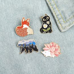 Natural Cartoon Animals Enamel Pins Vaious Type Creative Seasons Bear Cats Hedgehog Foxs For Kids Gifts Lapel Pins Clothes Bags