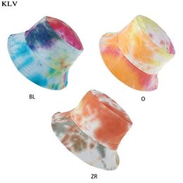 Women Men Graffiti Tie-Dye Printing Bucket Hat Double Side Reversible Gradient Colourful Hip Hop Wide Brim Packable Fisherman Cap Y200730