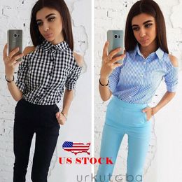 Women's Blouses & Shirts Fashion Women Casual Long Sleeve Plaid Stripe Shirt Turn-down Collar Cold Shoulder Slim Tops Size S-XL1