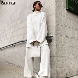 Rapwriter New Women's Autumn Winter Knitted Long Sweaters Women Oversize Pullover Turtleneck Solid Minimalist Loose Tops 201031