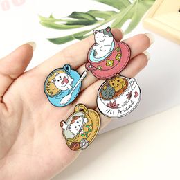 Cute Cats in Coffee Cup Enamel Lapel Pins Free Time Cartoon Brooches Badges Fashion Pin Gifts for Friends