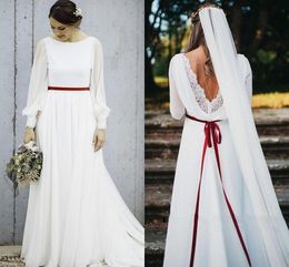 Boho Dresses Long Sleeves V Back Chiffon Scoop Neck Sweep Train Bury Ribbon Country Wedding Bridal Gown Vestido De Novia 403 403